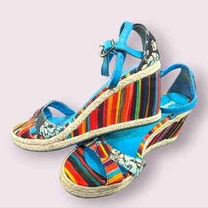 Colorful Stripe Espadrille Wedge Sandals - Blue Multicolor
